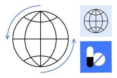Yuvarlak oklar ve tıp ikonları ile çevrili bir dünya. Sağlık, küreselleşme, tıbbi çözümler, ilaç geliştirme, sağlık hizmetlerine erişim, ilaç dağıtımı, basit düz metafor
