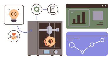 Yenilik, veri analizi ve verimlilik iş akışına bağlı üç boyutlu geometrik nesne üreten bir yazıcı. Grafikler, fikir için ampul, süreç için dişli ve işbirliği simgesi. Teknoloji için ideal
