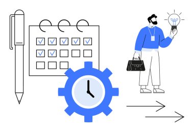 Erkek ofis çalışanı takvim, kalem, saat ve okların yanında parlayan bir ampul tutuyor. Üretkenlik, planlama, zaman yönetimi, yenilikçi fikirler hedef sistemleri için idealdir. Basit düz