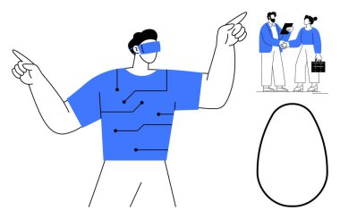 Teknoloji devresi desenli VR kulaklık takan kişiler, bilgi alışverişi yapan profesyoneller, soyut yumurta şekli. Yenilik, teknoloji, işbirliği, sanal gerçeklik, ağ oluşturma, gelecekçilik için idealdir.