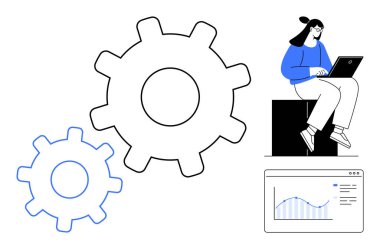 Dişliler verileri analiz eden bir kadın tarafından desteklenen verimliliği ve işbirliğini sembolize eder. Bir grafik ilerlemeyi vurgular. İş için ideal, takım çalışması, analiz, strateji, geliştirme