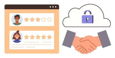 Web sitesinde gösterilen kullanıcı yorumları, veri güvenliğini sembolize eden kilitli bulut ve ortaklığı temsil eden tokalaşma. Geri bildirim, güven, işbirliği, güvenlik ve teknoloji için ideal