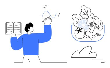 Elinde kitap tutan ve eksene bir grafik çizen kişi, bir kase taze sebzenin yanına. Eğitim, sağlık, sağlıklı yaşam tarzı, bilgi paylaşımı, sürdürülebilirlik, büyüme, basit iniş