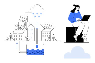 Şehir yağmur suyu hasat sistemi güneş paneli binaları, su deposu ve dizüstü bilgisayar kullanan bir kadın. Sürdürülebilirlik, yenilenebilir enerji, çevresel koruma, kentsel planlama için ideal