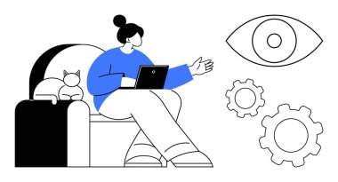 Kanepede oturan bir kadın elinde tablet, yanında dinlenen bir kedi, yakınlarda büyük gözler ve vites simgeleri. Yaratıcılık, analiz, odaklanma, yenilik, takım çalışması, üretkenlik için ideal basit iniş sayfası