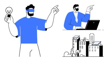 Ampul tutan bir adam, dizüstü bilgisayarı gösteren bir figür, güneş paneli olan çevre dostu bir şehir. Yenilik, teknoloji, takım çalışması, yaratıcılık, sürdürülebilirlik, girişimcilik kentleşmesi için ideal