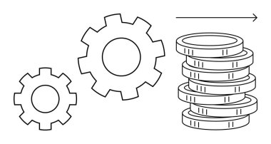 Birbirine kenetlenmiş iki vites ve istiflenmiş sikkeleri gösteren bir ok, büyümeyi, yeniliği, kâr üretimini ve verimliliği simgeliyor. Finans, iş, mekanik, strateji takım çalışması için ideal