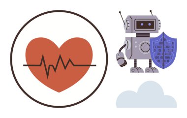 Kalp atışı monitörü, ikili kodlu kalkan tutan bir robotun yanında. Bulut yapay zeka sistemi, dijital güvenlik, robotik, yenilik, veri koruması ve sağlık takibini temsil ediyor. İdeal