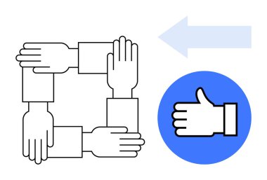 Bir kare oluşturan dört el birlik ve işbirliğini temsil ederken, bir başparmak ikonu onay iletir. Takım çalışması, ortaklık, birlik, başarı, işbirliği, geri bildirim, basit iniş sayfası için ideal