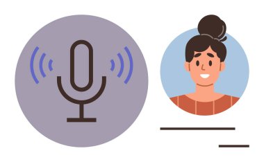 Gülümseyen bir kadın portresinin yanında ses dalgaları yayan mikrofon kayıt, podcast ve iletişimi sembolize ediyor. Medya, teknoloji, ses öğrenimi, bağlantı, hikaye anlatımı için ideal