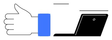 Dizüstü bilgisayarın yanında el çabukluğu, onay, müdahale, olumlu geri bildirim, takım çalışması, dijital iletişim, uzaktan öğrenme ve üretkenliği temsil eden bir onay. Çevrimiçi onay ve basit