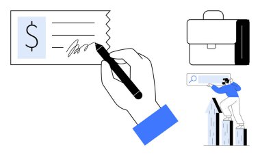 El imzası çeki, işi sembolize eden evrak çantası, grafik üzerinde fırsat arayan kişi. Finans, ekonomi, iş planlaması, yatırım, girişimcilik, ödeme sistemleri için ideal