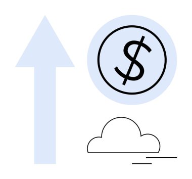Yukarı doğru ok, çember içindeki bir dolar işareti ve asgari bulutun yanında büyümeyi ön plana çıkarır. Finans, kâr, yatırım, ilerleme, iş geliştirme, yenilik, başarı için ideal, basit düz metafor