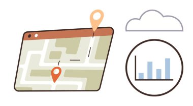 Haritada GPS işaretleri, bulut simgesi ve bar haritası analizleriyle bir rota gösteren tablet. Lojistik, planlama, teknoloji, veri yönetimi, coğrafi istatistik dijital araçları için idealdir. Basit.