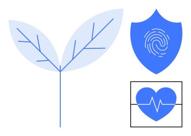Dal damarlı yaprak, parmak izli kalkan ve kalp monitörü. Sürdürülebilirlik, sağlık, yenilik, teknoloji, kişisel güvenlik sağlığı için ideal. Basit düz metafor