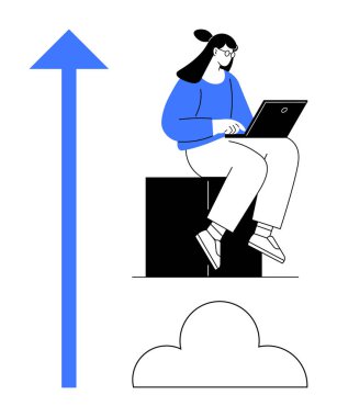 Blok üzerinde oturan dizüstü bilgisayarlı bir kadın, yukarı doğru ok ve bulut büyümeyi, hedef başarısını, üretkenliği simgeliyor. Yenilik, iş başarısı, teknoloji, öğrenme, bulut hesaplama kariyeri için ideal