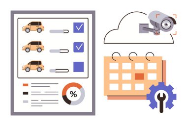 Raporda işaretli kutular, bulutlu güvenlik kamerası, takvim ve ayarlı araçlar var. Filo yönetimi, güvenlik, zamanlama, analitik, görev planlama otomasyonu için idealdir.