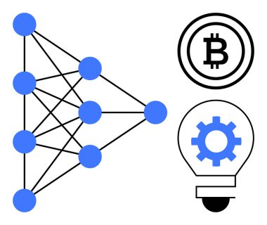 Mavi düğümlü sinirsel ağ ağı, Bitcoin simgesi ve bir ampulün içinde dişli. Yapay zeka, kripto para, engelleme zinciri, yenilik, teknoloji geliştirme, fintech otomasyonu için ideal basit düz metafor