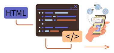 HTML kutusu, kod düzenleyici ve mobil teknolojiye kodlama iletisi olan akıllı telefon. Web geliştirme, programlama, yazılım tasarımı, uygulama oluşturma, UIUX, dijital araçlar için idealdir