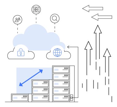 Sunucu rafları güvenlik, kullanıcı erişimi ve küresel erişim simgeleriyle buluta bağlanıyor. Oklar veri akışını ve büyümeyi sembolize eder. Teknoloji, ağ oluşturma, bulut hizmetleri, bilişim, yenilik ölçeklenebilirliği için ideal