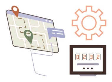 Güzergahı ve iğneleri olan dijital harita, konuşma balonu, ayarlar, sayılarla sayaç ekranı. Navigasyon, teknoloji, konum, rota planlama ayarları analitik yenilikler için idealdir. Basit düz