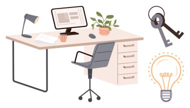 Çalışma alanı yaratıcılığını ve fikirlerini simgeleyen bilgisayar, lamba, sandalye, bitki, bardak, kağıtlar, anahtarlar ve ampullü masa. Üretkenlik yeniliği için ideal ofis planlama stratejisi çözümleri