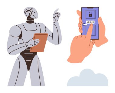 Robot pano tutuyor ve işaret ediyor. Akıllı telefon ekranını bulut elementiyle açıyor. Teknoloji, yapay zeka, siber güvenlik, veri gizliliği, yenilik, otomasyon dijital kavramları için idealdir. Basit.