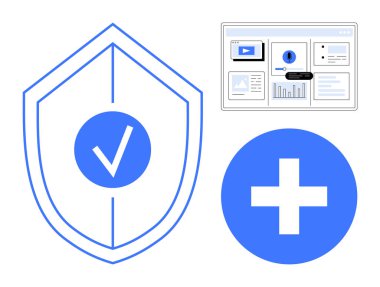 Güvenlik işaretli kalkan, analitik grafikli veri göstergesi ve sağlık hizmetleri için tıbbi haç. Güvenlik, uyum, koruma, teknoloji, sağlık, güvenilirlik için ideal