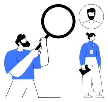 Elinde büyüteç tutan bir adam kimlik gösteren bir kadın eşliğinde profil fotoğrafı inceliyor. İşe alım, iş arama, kimlik, araştırma, profil, analiz için ideal