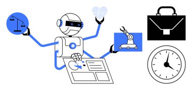 Çoklu kollara sahip robot, teknik kontrol, kalp monitörü ve saat ve evrak çantasıyla çevrili robot. Yapay zeka, otomasyon, çoklu görev, yönetim, zaman verimliliği için ideal
