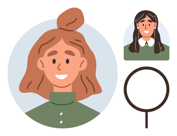 Улыбающаяся женщина аватар в зеленой верхней части с полубулочкой прическа, альтернативный вариант портрета, и увеличитель символ. Идеально подходит для профилей, социальных сетей, поиска, идентификации, сетевого взаимодействия, общения