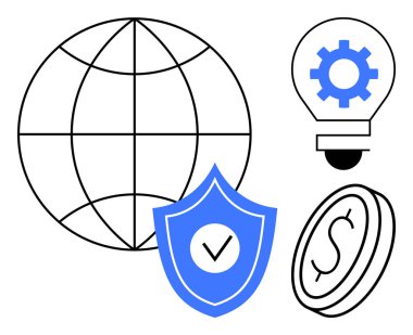 Bağlantı için dünya, güvenlik kontrolü için kalkan, yenilik için dişli ampul, finans için para. Teknoloji, ağ, iş, güvenlik fikirleri modern büyüme için idealdir. Basit düz