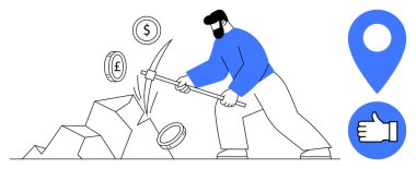 Kazma kullanan adam kayalardan bozuk para çıkarıyor. Yüzen para birimlerini seçin. Harita iğnesi ve onay el simgesi. Finans, madencilik, yatırım, ekonomi, başarı, konum basit iniş sayfası için ideal