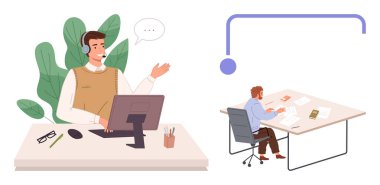 Kulaklık takan bir adam bilgisayarda konuşurken, diğeri masada yazıyor. Takım çalışması, uzaktan çalışma, iletişim, müşteri hizmetleri, verimlilik, iş akışı işbirliği için ideal. Basit düz