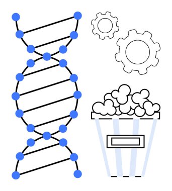 Mavi işaretli DNA ipliği, çizgili patlamış mısır kovası ve bilim, biyoteknoloji, eğlence, yaratıcılık, genetik, yenilik ve araştırmayı simgeleyen vitesler. Eğitim biyolojisi için ideal