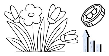 Çiçekler yukarı doğru yükselen grafikler ve Bitcoin bozukluklarının yanında çiçek açıyor. Büyüme, yenilik, finans, sürdürülebilirlik, dijital ekonomi, yatırım, olumlu eğilimler, basit iniş sayfası için ideal