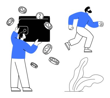 İçinde bozuk para olan cüzdan taşıyan bir kişi, çalışan başka bir figür, aşağıdaki küçük bitkiler. Finans, tasarruf, bütçe, hırsızlık, ekonomik kriz servet dağılımı kişisel sorumluluk için idealdir. Basit düz