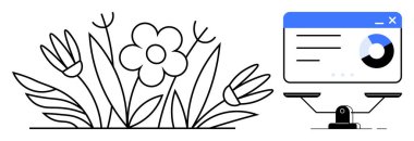 Bir tarafta doğayı sembolize eden narin çiçekler diğer tarafta tartı ile dengelenmiş dijital bir veri ekranı. Sürdürülebilirlik, eko-ticaret, teknoloji etkisi, uyum için ideal