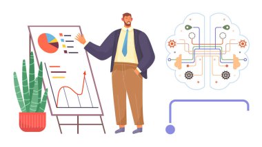 İş adamı, bir saksı bitkisi ve dijital yapay zeka beyin grafiğinin yanındaki tabloda istatistiksel veri sunuyor. Yenilik, strateji, analitik, takım çalışması, beyin fırtınası, teknoloji için ideal