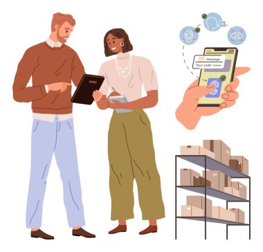 Bir tabletteki envanteri inceleyen iki meslektaş, güvenlik kodu girişi olan akıllı telefonu tutuyor ve kutularla dolu rafları saklıyor. Takım çalışması, dijital güvenlik, lojistik ve e-ticaret için ideal