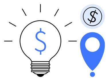Dolar süslemeli ampul, ışık huzmeleri, dairesel para ikonu ve lokasyon rozeti. Finans, strateji, yenilik, iş, yatırım girişimciliği ve karar verme için idealdir. Basit bir şeyi temsil eder