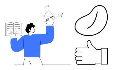 Açık bir kitapla grafiği analiz eden kişi, fasulye şekli ve başparmak hareketinin soyut simgeleriyle birlikte. Eğitim, veri analizi, bilim, araştırma, öğrenme, yaratıcılık ve basit iniş için ideal