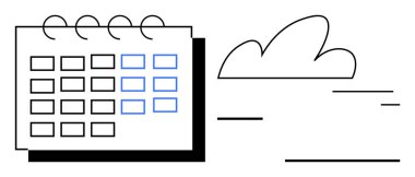 Minimalist bir bulutun yanında altı çizili tarihli tel çerçeve tarzı takvim. Zamanlama, zaman yönetimi, uzaktan erişim, bulut depolama, işbirliği, verimlilik, basit iniş sayfası için ideal