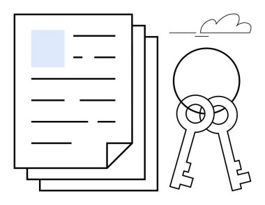 Belgeler ve anahtarlar bir güvenlik, mülkiyet ve yasal erişim teması taşıyor. Veri koruması, sözleşme yönetimi, mülkiyet sahipliği, uyum, belgeler, hukuki konular erişim hakları için ideal