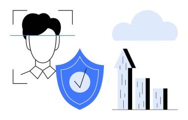 Yüz tarama grafiği, işaretli kalkan, bulut ve yükselen bar tablosu. Teknoloji, veri güvenliği, mahremiyet, çevrimiçi hizmetler için ideal, yüz tanıma Al basit iniş sayfası