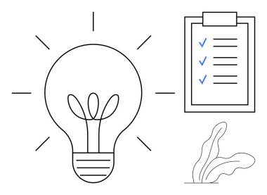 Filizlenen bitkili ampul, listeli pano ve soyut yaprak elementi. Yenilik, planlama, üretkenlik, sürdürülebilirlik, yaratıcılık hedef belirleme organizasyonu için idealdir. Temiz