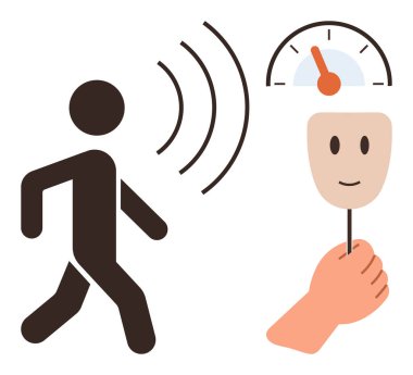 Ses dalgaları yayan kişi, elle tutulan maske duyguları sembolize eden ölçü göstergesi. Psikoloji, davranış, duygu, analiz, kimlik iletişimi dengesi için ideal. Basit.