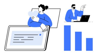 Tablet ekranın yanında kalp şeklinde duran bir kadın dizüstü bilgisayarla bar çizelgesine doğru hareket eden bir adam. Takım çalışması, analitik, teknoloji, iletişim, iş dünyası, veri paylaşımı, sosyal bağlantı için ideal