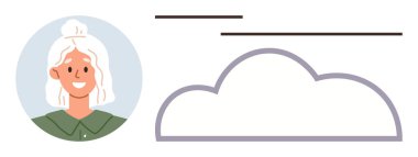 Bir bulut ve metin satırının yanında dairesel çerçevede gülümseyen kadın portresi. Çevrimiçi depolama, dijital kimlik, sosyal ağ, iletişim, arayüz, kişisel veriler ve basit daire için ideal