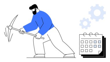 Kazma kullanan bir birey, bir takvim ve dişlilerle birlikte, planlama, üretkenlik ve verimliliği sembolize eden sıkı çalışma ve çaba taşır. İş, iş akışı, teslim tarihleri, odaklanma ve başarı süreci için ideal
